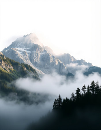 Mountain landscape with forest and fog in the morning.の写真素材