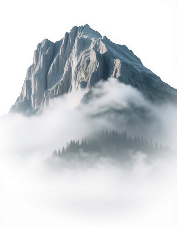 Mountain landscape with fog in the foreground and clouds in the backgroundの写真素材