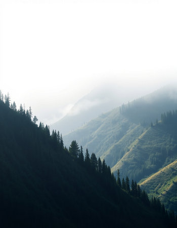 Foggy mountain landscape with coniferous forest in the foregroundの写真素材