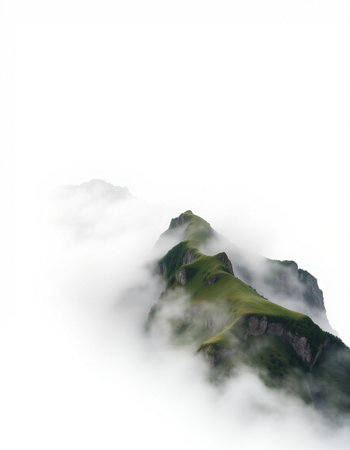 mountain peak in the clouds on a foggy day in autumnの写真素材