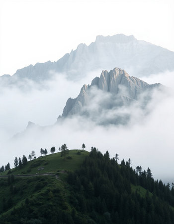 Mountain landscape with clouds and fog