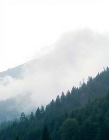 Foggy mountain landscape with coniferous forest in the foregroundの写真素材