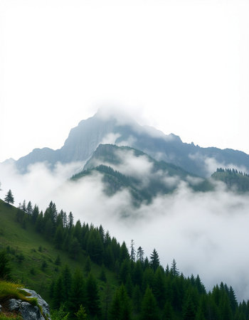 Foggy mountain landscape in the Dolomites, Italy.