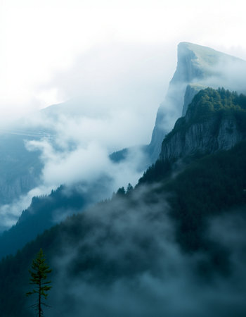 Mountain landscape with fog in the italian Dolomites.