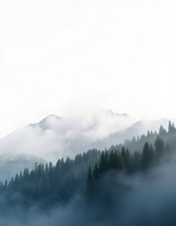 Misty mountain landscape with coniferous forest in the foreground.