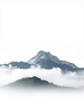 Mountain landscape with fog in the foreground, isolated on white background