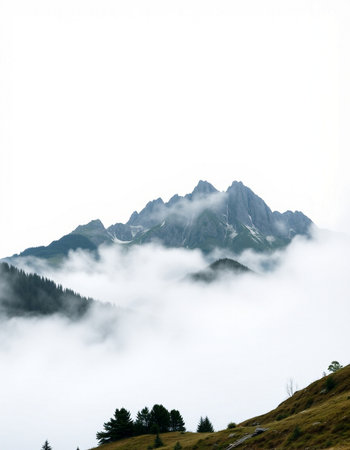 mountain landscape with clouds and fog in the italian alpsの写真素材
