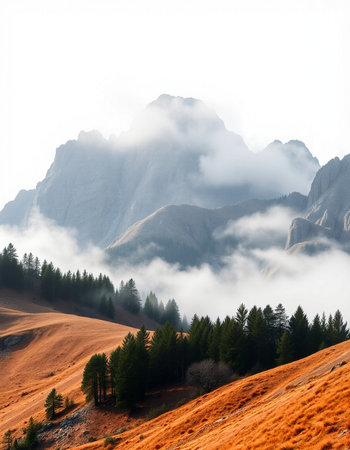 Foggy autumn landscape in the Dolomites, Italy.