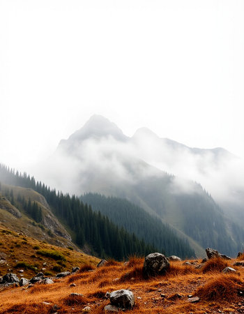 Mountain landscape with fog and clouds. Caucasus, Dombay.
