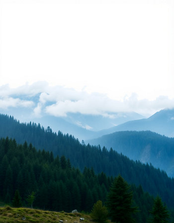 Mountain landscape with fog and clouds. Ukraine, Carpathians