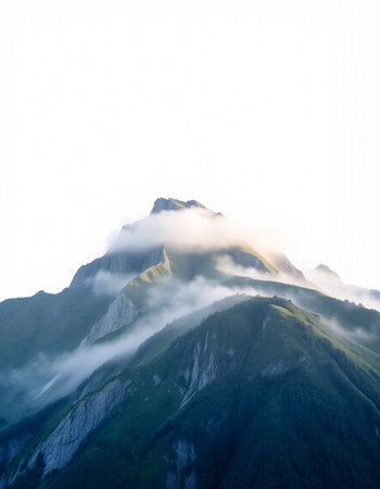 Mountain landscape with clouds and fog at sunrise. Caucasus Mountains, Georgia.
