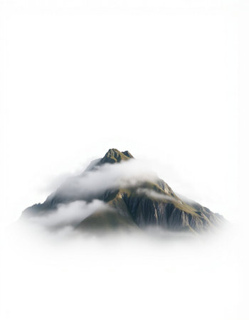 Mountain peak in clouds, isolated on white background