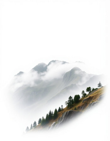 Mountain landscape with fog and pine forest on the hillside.の写真素材