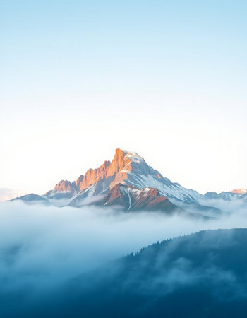 Mountain landscape with snow and fog at sunrise.の写真素材