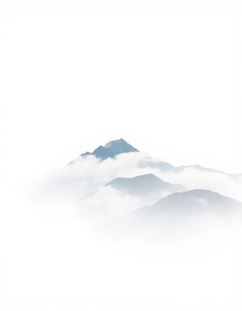 Mountains in the fog isolated on a white background. Landscape.の写真素材