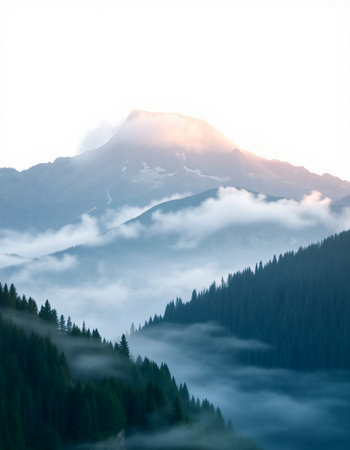Mountain landscape with fog in the morning. Caucasus Mountains, Georgia.の写真素材