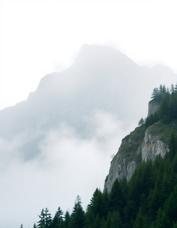 Mountain landscape with coniferous forest and fog in the morningの写真素材