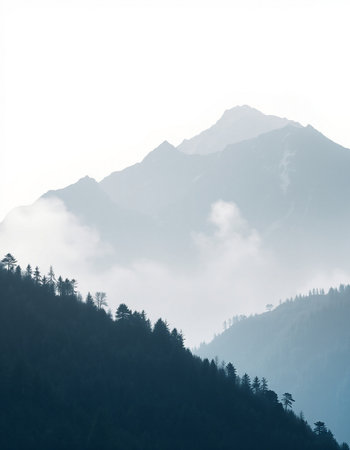 Mountain landscape with fog in the morning. Caucasus Mountains, Georgia.の写真素材