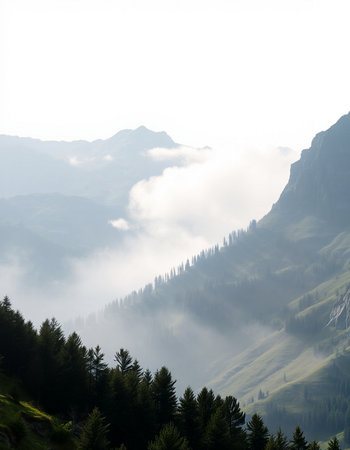 Foggy morning in the alps in summer, Switzerland.の写真素材