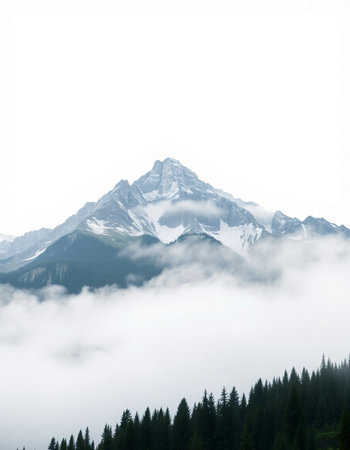 Mountain landscape with clouds and coniferous forest on the slopeの写真素材