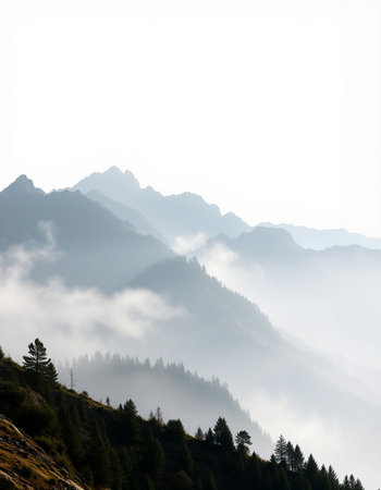 Mountain landscape with fog and clouds. Caucasus Mountains, Georgia.の写真素材
