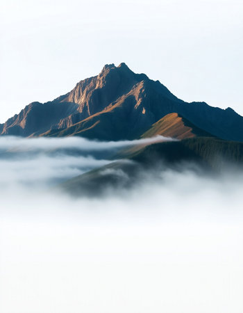 Mountains in the clouds at sunrise.