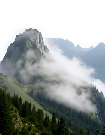 Mountain landscape with fog in the italian alps on a cloudy dayの写真素材