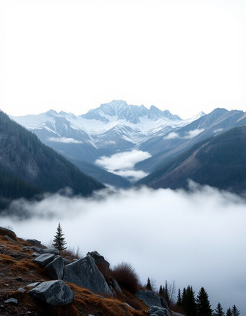 Foggy morning in the mountains. Caucasus, Dombay.
