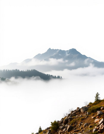 Mountains in the fog in the valley of the Carpathiansの写真素材