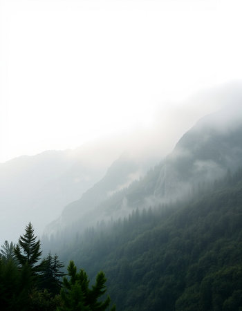 Mountain landscape with fog in the morning, closeup of photo
