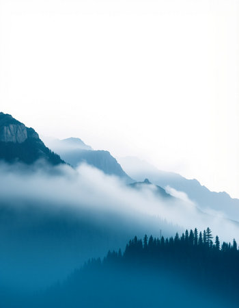 Foggy mountain landscape with coniferous forest in the foregroundの写真素材