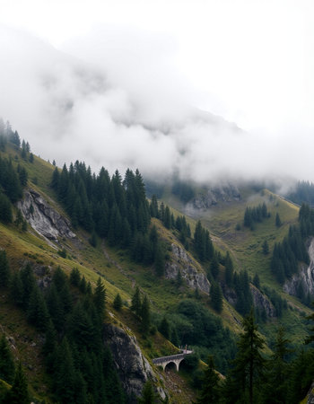 Foggy mountain landscape in the Alps.