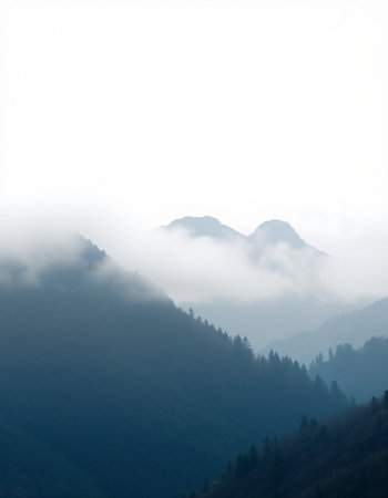 Mountain landscape with fog in the morning, closeup of photoの写真素材
