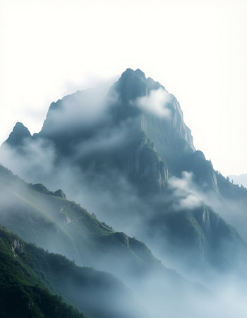 Mountain landscape with clouds and fog in Huangshan, Chinaの写真素材