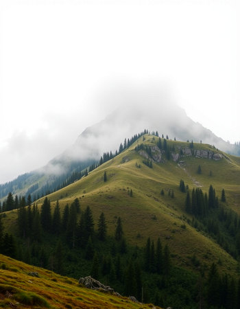 Mountain landscape with coniferous forest and foggy clouds.の写真素材