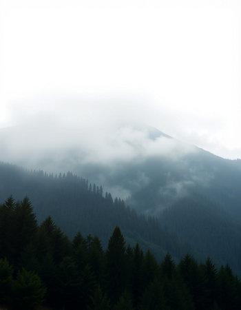Foggy mountain landscape with coniferous forest on foreground.の写真素材