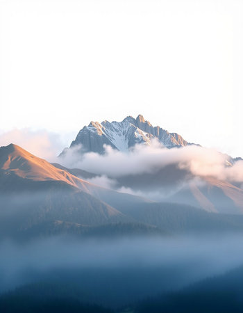 Mountain landscape with snow-capped peaks in the clouds.の写真素材