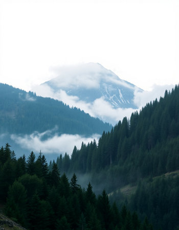 Mountain landscape with fog and coniferous forest in the foregroundの写真素材