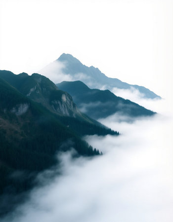 Mountain landscape with fog and clouds in the morning. Caucasus, Russiaの写真素材