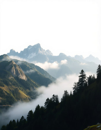 Mountain landscape with fog and clouds.