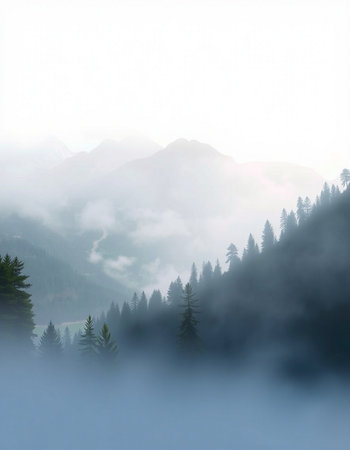 Misty morning in the mountains with fir trees and coniferous forest