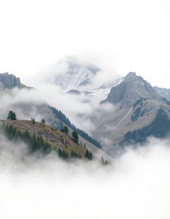 Mountain landscape with clouds and fog in the alpsの写真素材