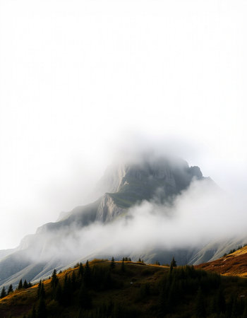 Mountain landscape with fog in the italian alps on a cloudy dayの写真素材