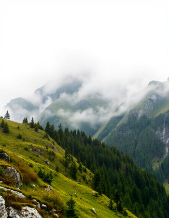 Mountain landscape with fog and clouds in the italian alpsの写真素材