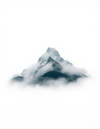 Mountain peak in the clouds, isolated on a white background.の写真素材