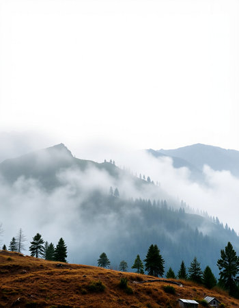 Foggy morning in the mountains. Carpathians, Ukraineの写真素材