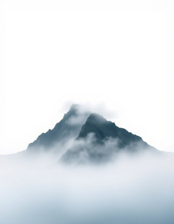 Silhouette of a mountain peak in the fog on a white backgroundの写真素材
