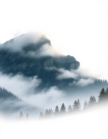 Foggy mountains with coniferous forest on a foggy day