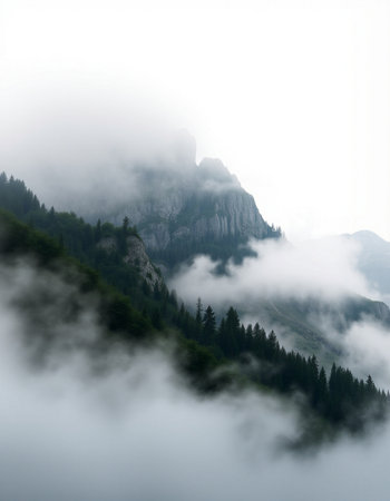 Foggy mountain landscape in the Dolomites, Italy.