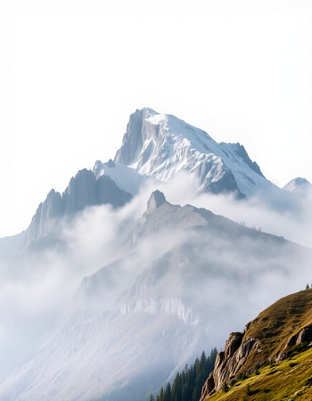 Mountain landscape with fog and clouds.